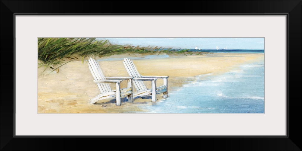 Contemporary painting of two white beach chairs at the edge of the ocean on the coast.