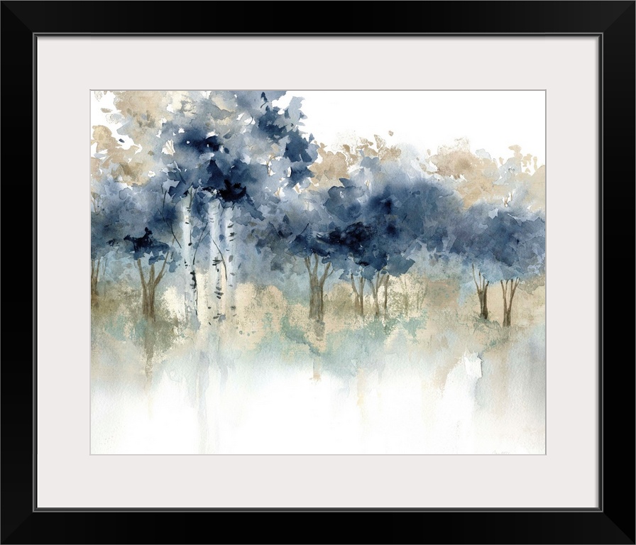 Abstract watercolor painting of a forest filled with indigo topped trees.