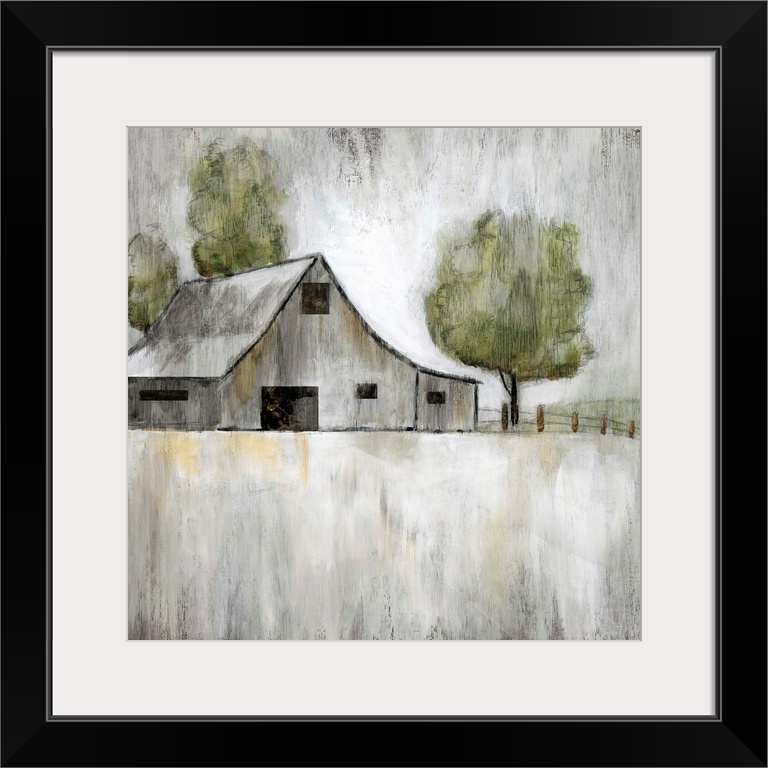 Illustration of an old grey barn with a few trees on a grey landscape.