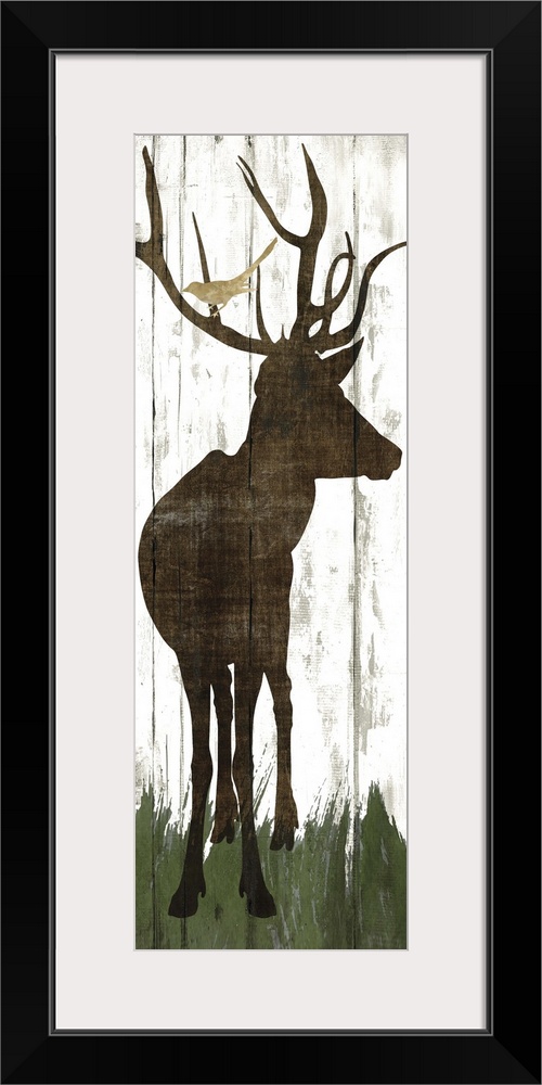 Silhouette of a deer with birds in its antlers on a wooden board background.