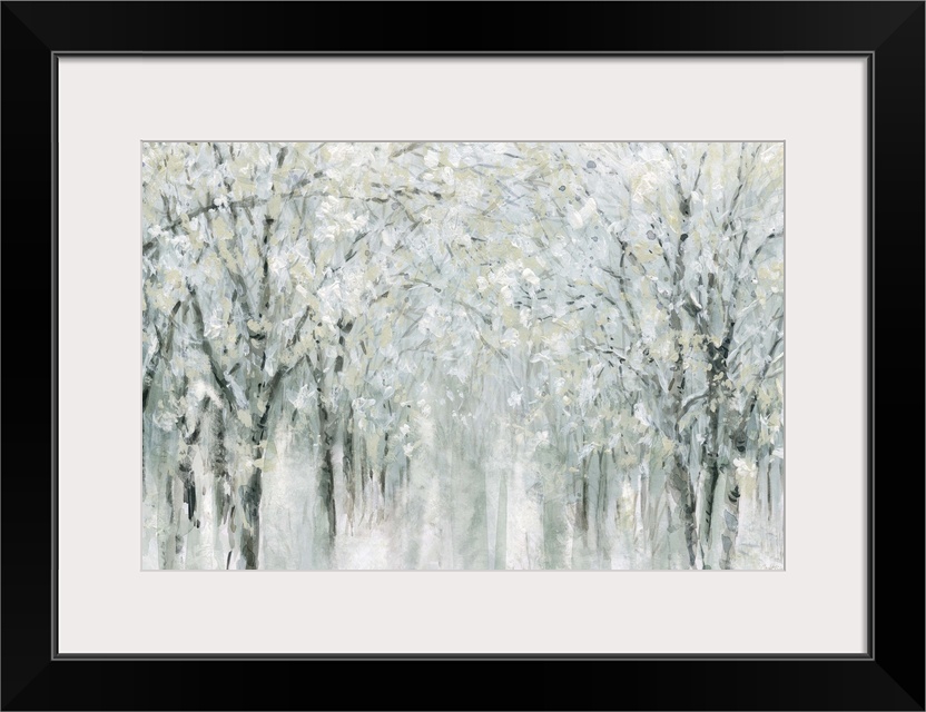 Abstract painting of a winter scene with snow covered trees.