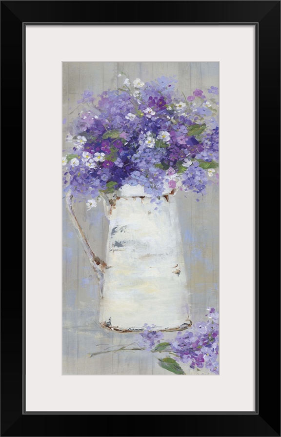 A contemporary still life painting of a bouquet of purple and pink flowers arranged in a white pitcher with a wood grained...