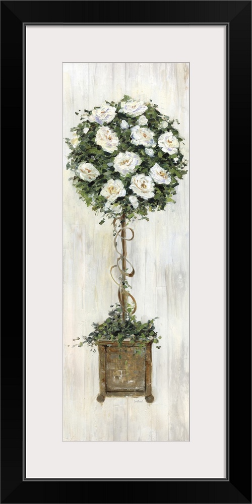 A contemporary still life painting of a topiary with white flowers and a wood grain background.