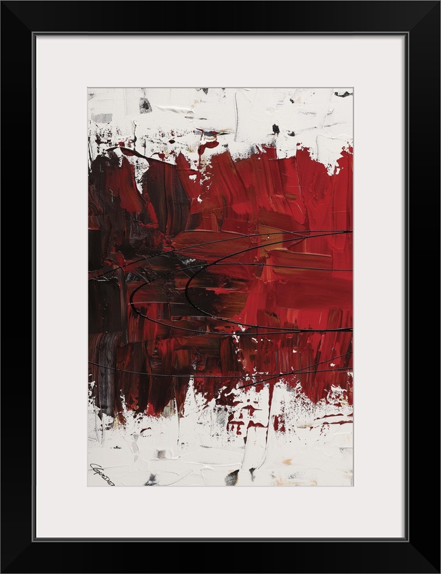 Abstract painting with thick layering and textures in a red gradient and white on the top and bottom with black markings.