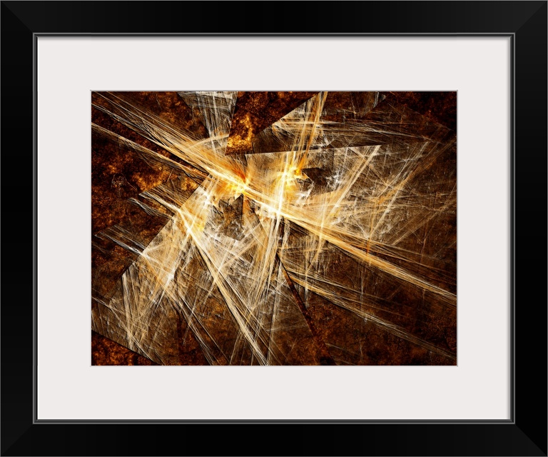 Large, horizontal abstract home art decor.  A cluster of triangles and sharp lines in various directions,  in golden light...