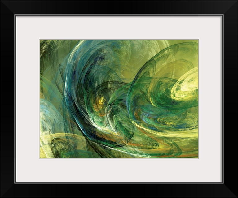 Swirling fractal patterns overlap in an abstract horizontal artwork.