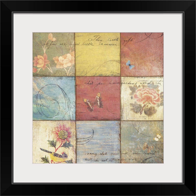 Mixed media artwork with nine squares arranged in a  3x3 grid pattern.   Each square has a floral or butterfly image.  Fan...