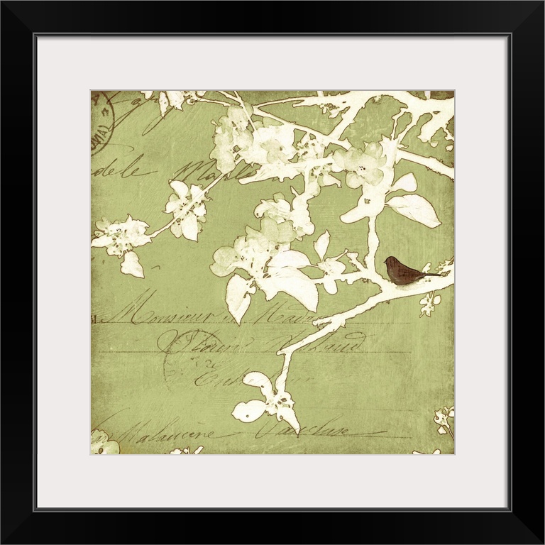 Artwork featuring lettering and postmark overlain with a watercolor like branch and leaf silhouette that has a single bird...