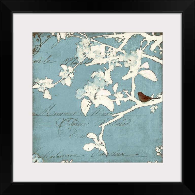Large square canvas art depicts a bird sitting on the branch of a tree that has been outlined and has mailing addresses lo...