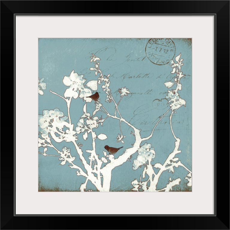 Large wall art of white silhouetted trees with dark silhouetted birds against a grunge background with hand writing layere...