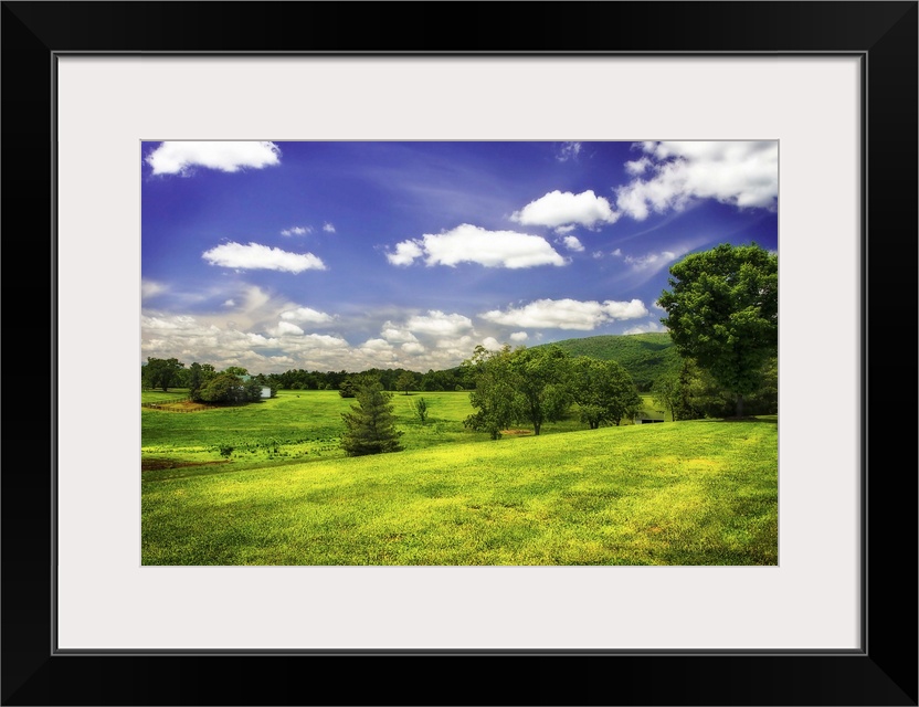 Rolling green hills in the countryside on a sunny spring day.