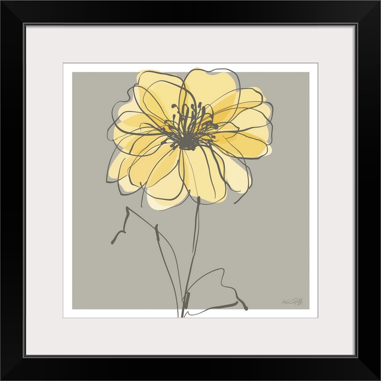 Square illustration of a single yellow and gray flower on a gray background with a white boarder.