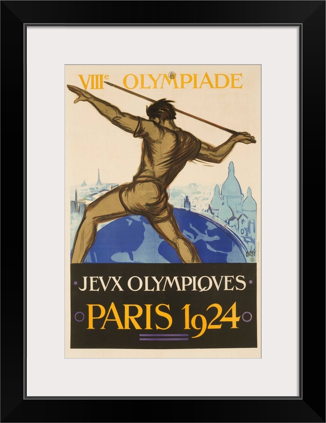 Paris Summer Olympics Poster showing Javelin throwing athlete. Illustrated by Orsi.