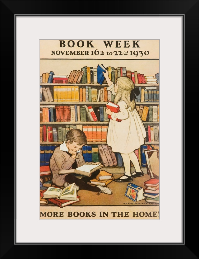 More Books in the Home, illustrated by Jessie Willcox Smith, 1930 Children's Book Week poster showing young boy and girl i...