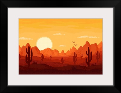 8-Bit Pixel Desert Landscape With Mountains And Sunset