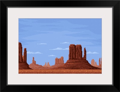 8-Bit Pixel Desert Valley With Canyon Rocks Under Clouds
