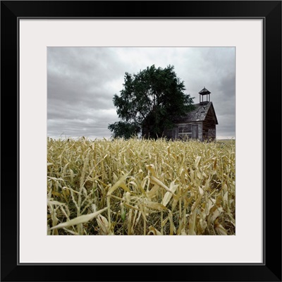 A dilapidated building in a field