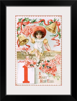 A Happy New Year Postcard With A Little Girl And Bells