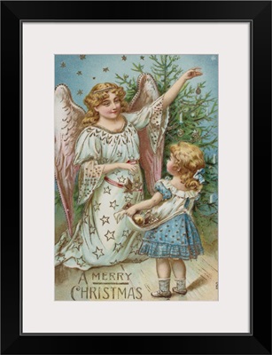A Merry Christmas Postcard With An Angel And Little Girl