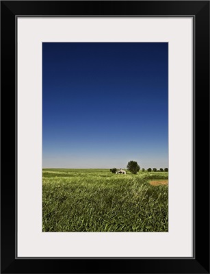 Abandoned house sits in a field in the desolate grassy plains of southwest Oklahoma.