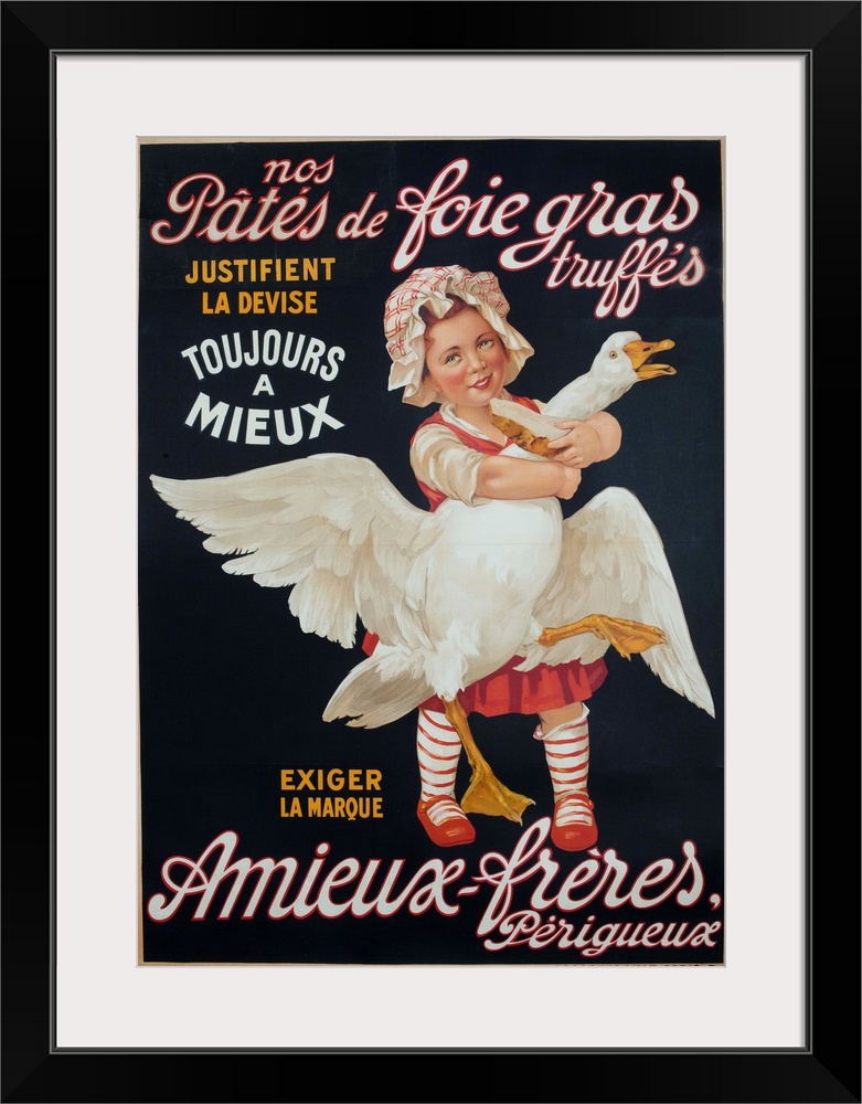 ca 1910 advertising for Pate de Foies gras showing a young girl holding a fattened goose.