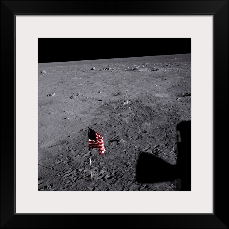 The American flag at Tranquility Base on the Moon, planted by the Apollo 11 astronauts.