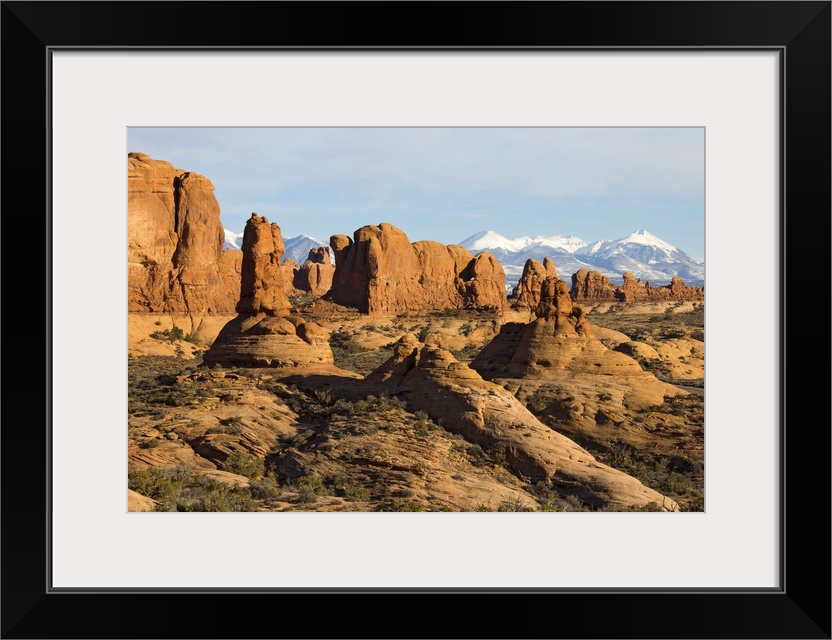 The snow-capped peaks of La Sal Mountain range are visible in the background.