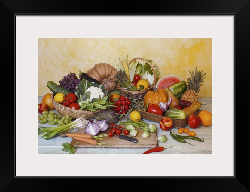 Assorted vegetables and fruits on table