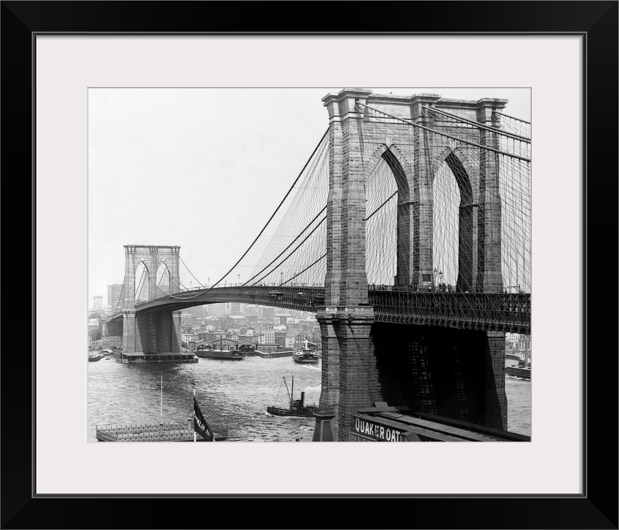 A view of the Brooklyn Bridge which spans across the East River connecting Manhattan Island to Brooklyn. ca. 1900, New Yor...