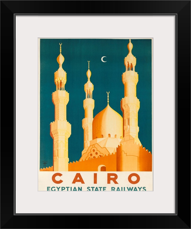 1930s Ciaro Egypt travel poster showing golden Mosques and minarets in the moonlight