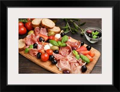 Charcuterie Board Salami, Prosciutto, With Green And Black Olives, Appetizers