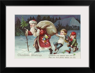 Christmas Greetings Postcard With Santa Claus And Two Children