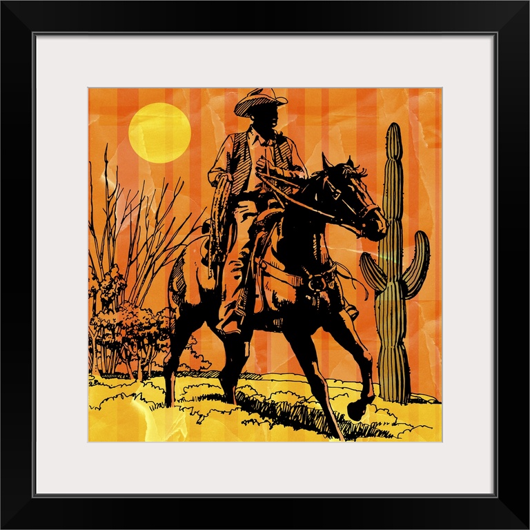 Cowboy riding horseback in desert