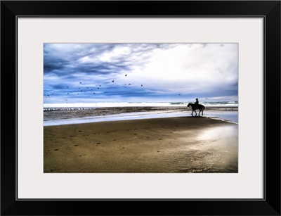 Cowboy riding horse on beach