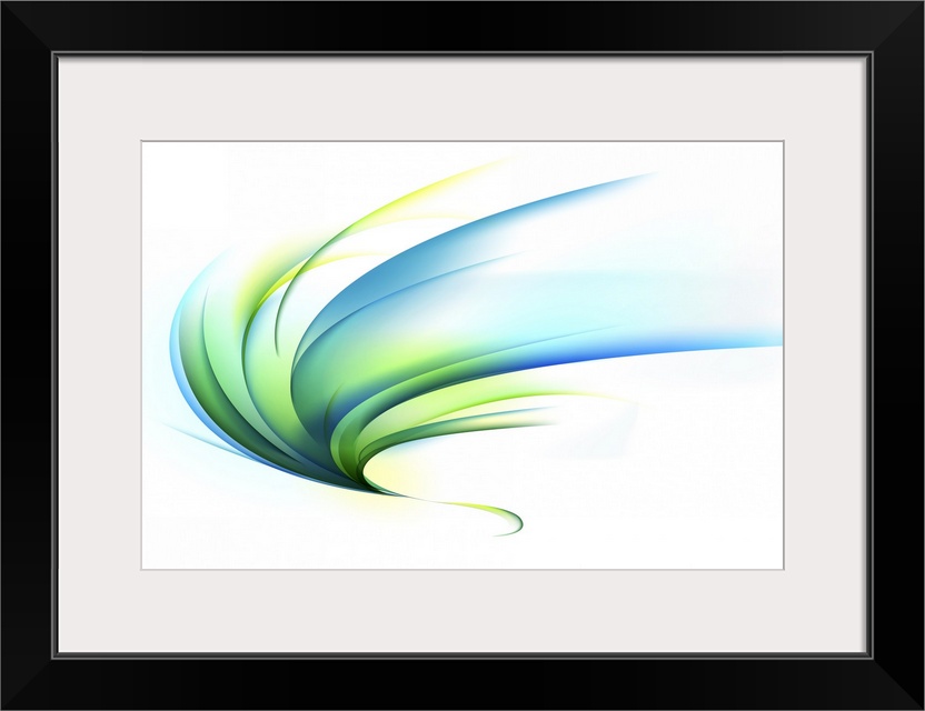 Landscape contemporary artwork on a large, horizontal wall hanging of a digitally illustrated curving swirl of cool and go...