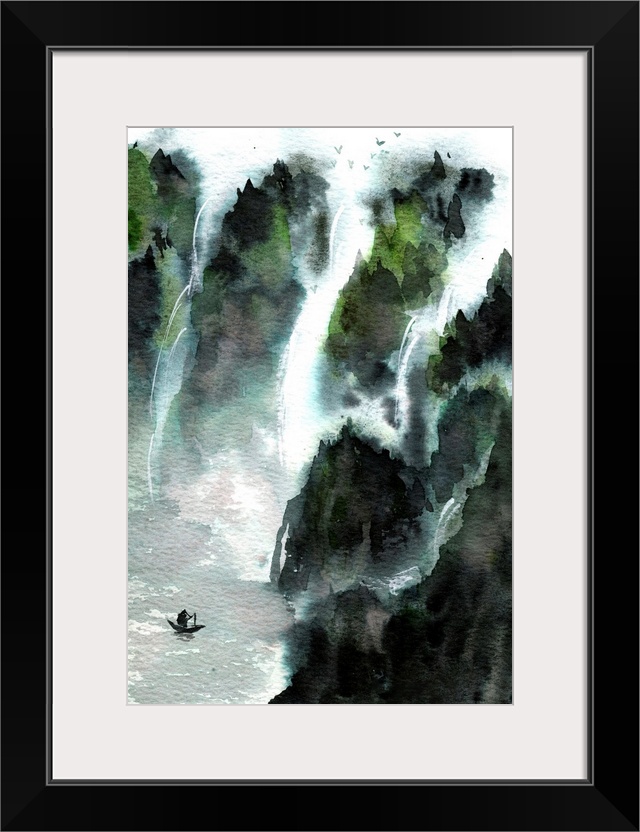 Chinese watercolor drawing of a man in a boat on a lake surrounded by mountains and waterfalls.