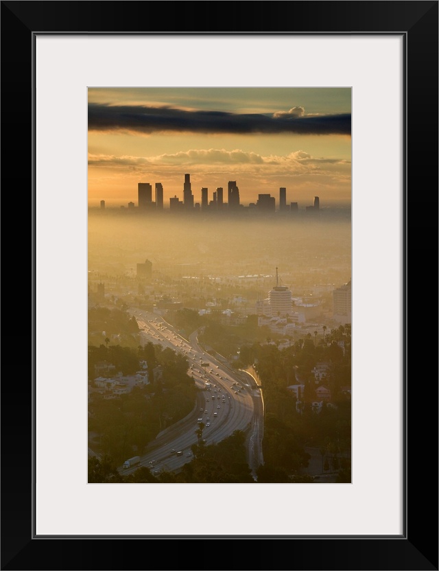 Dawn view of Downtown LA and Hollywood