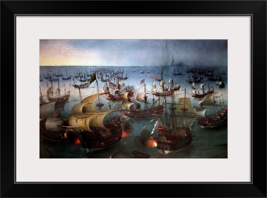 The Invincible Armada against the English fleet : Day seven of the battle with the Armada, 7 August 1588, Painting by Hend...