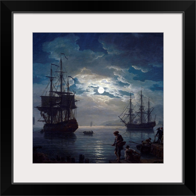 Fishing by Moonlight Night view of a harbor. Detail. Painting by Joseph Vernet (1714-1789) 1773 Louvre Museum, Paris