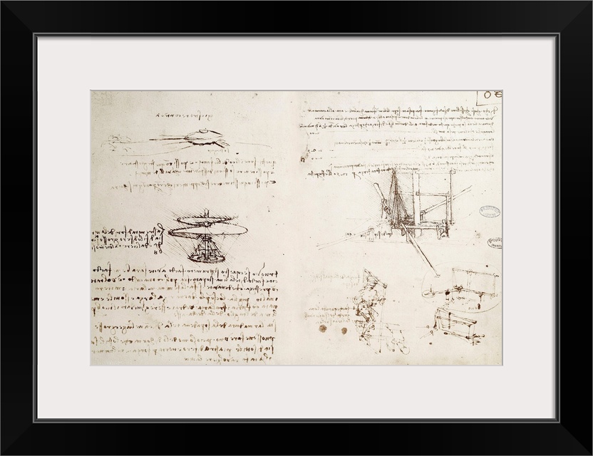 Flying machines, one of first drawings of a helicopter - like flying machine. Manuscript by Leonardo da Vinci (1452-1519),...