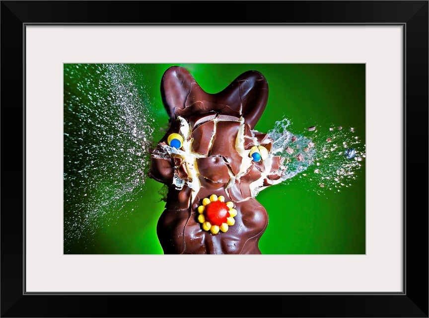 A chocolate Easter bunny filled with pudding is surprised by a lead pellet.