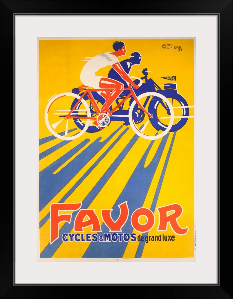 1927 Franch advertising poster illustrated by Jean Pruniere. Bicyclist and motorcycle rider ride side by side