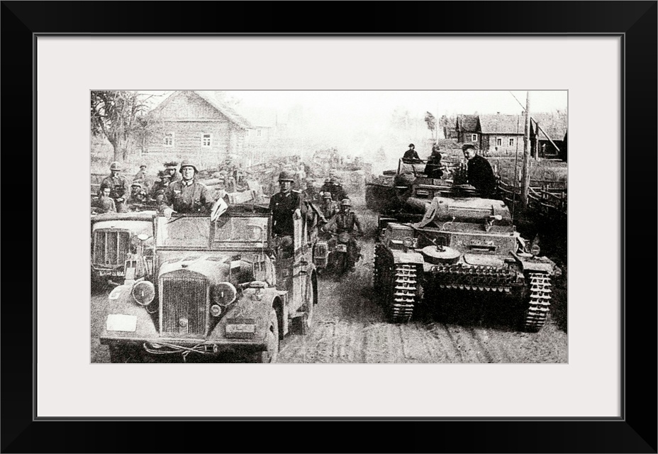 German military convoy in occupied Russia during World War II. Kfz15 Horch Utility Car and PzKpfwIIc, Panzer II light tank...