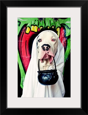 Great Dane wearing a ghost costume, carrying a Halloween bucket
