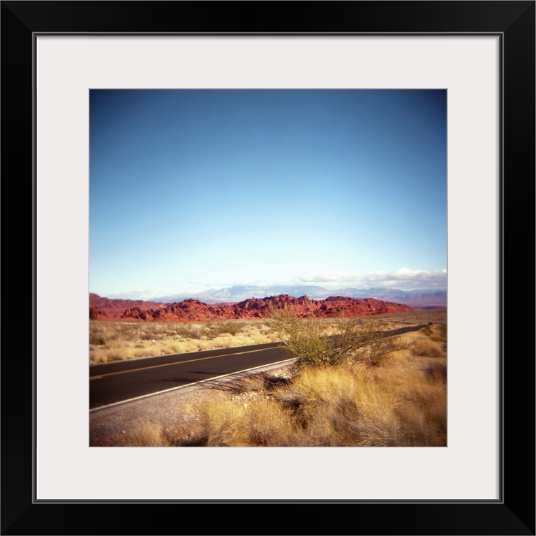 Photo of the highway entering the Valley of Fire in Nevada.  Near Las Vegas.  Red rocks.  Desert. Holga.  Toy camera.