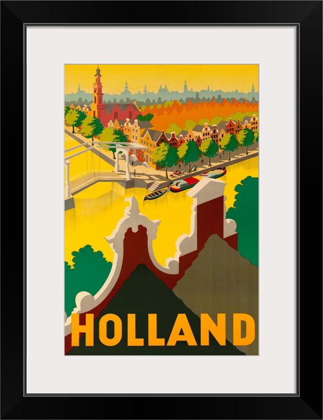 1945 Dutch travel poster illustrated by Paul Erkelens. Holland canal, bridges and cityscape advertise the country as a rom...