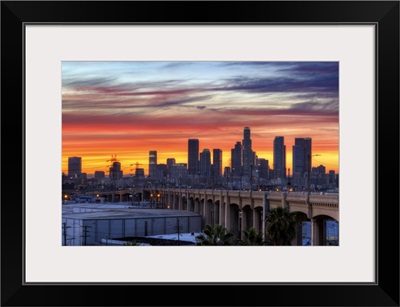 Iconic 6th bridge at dusk in Los Angeles, US.