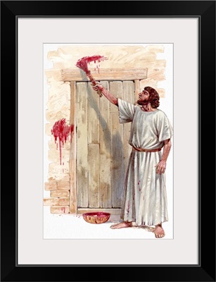 Illustration of Israelite man painting blood of passover lamb on wooden door post