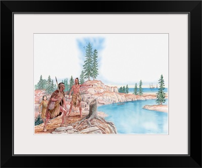 Illustration of Native Americans pointing with Pocahontas in the background