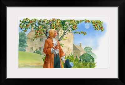 Illustration of Sir Isaac Newton holding apple in hand and looking up at tree